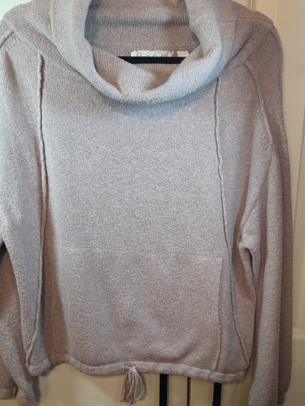 Light Gray Cowl Neck Sweater with Drawstring Hem